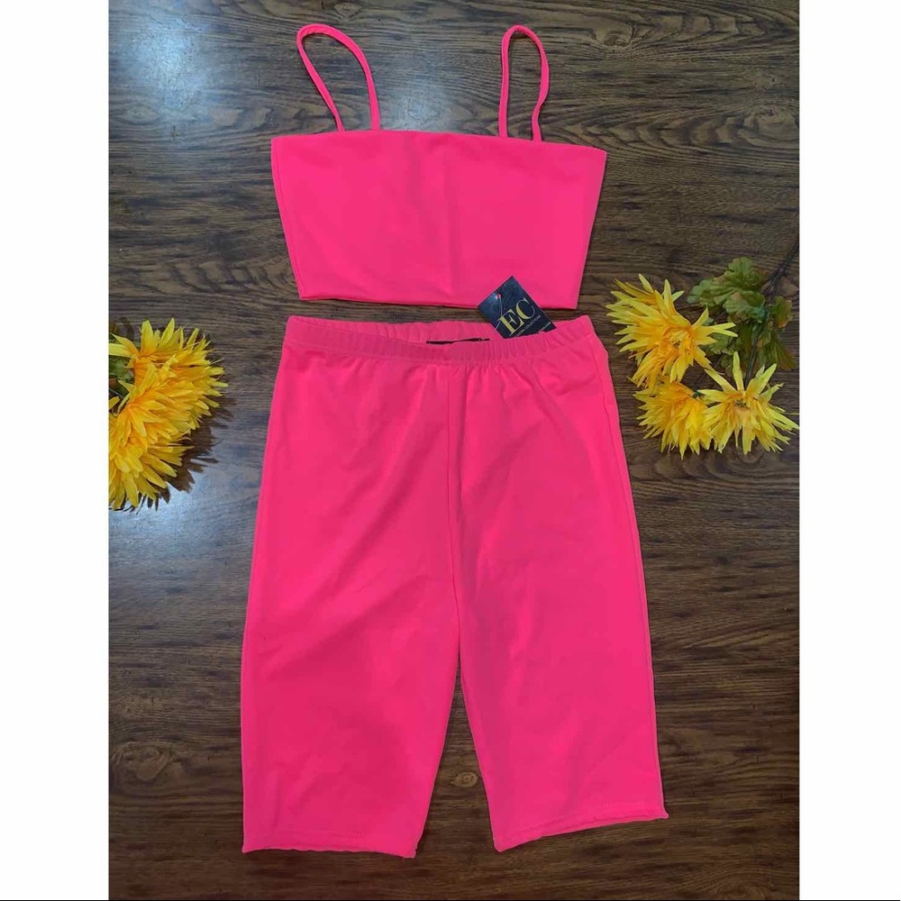 Neon Pink Two Piece High Waist Biker Short Set